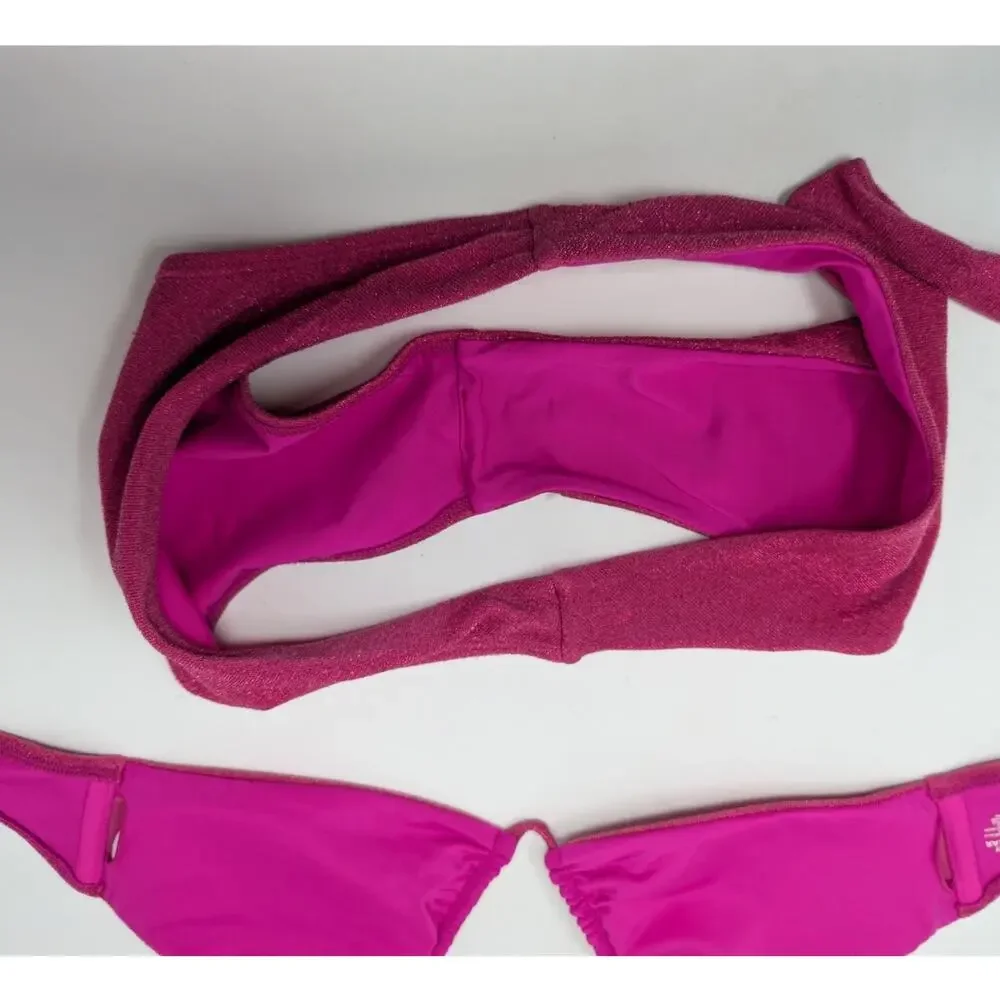 Monday Swimwear Pink Metallic Shimmer Bikini Set Small High Cut Halter